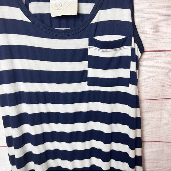 One Clothing Women's Sleeveless Racerback Striped Front Pocket Navy Stripe Dress - Picture 11 of 11
